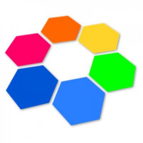 Image of colored hexagons forming a circle - orange-yellow-green-lightblue-blue-magenta